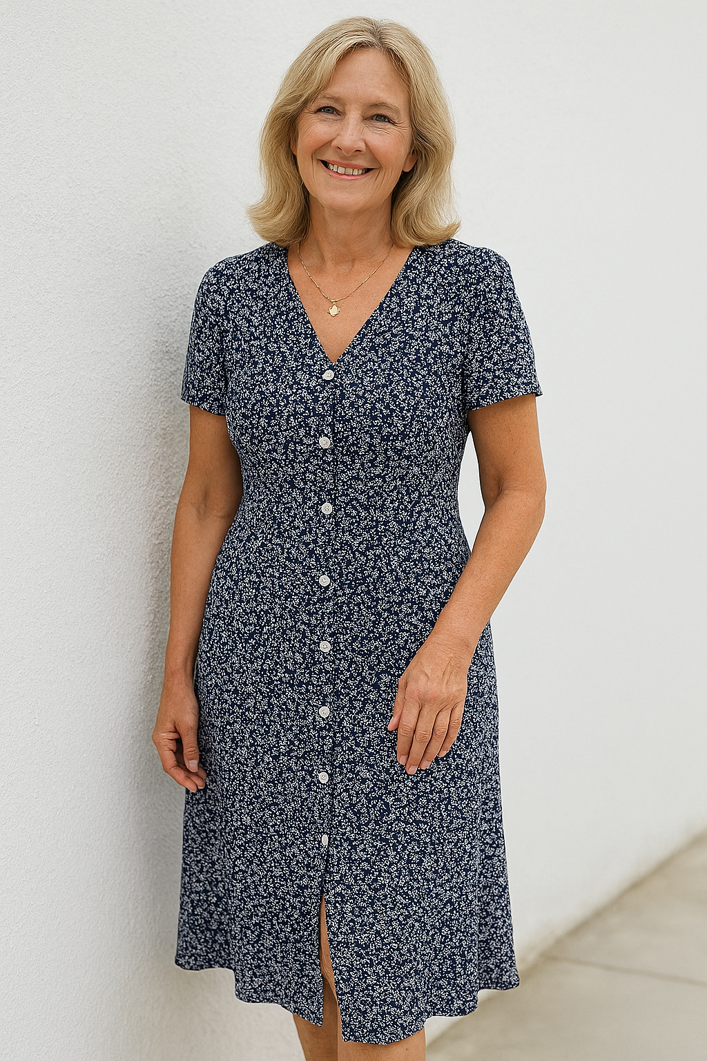 Cavell™ – Button Dress with Feminine V-Neck & Comfort Stretch