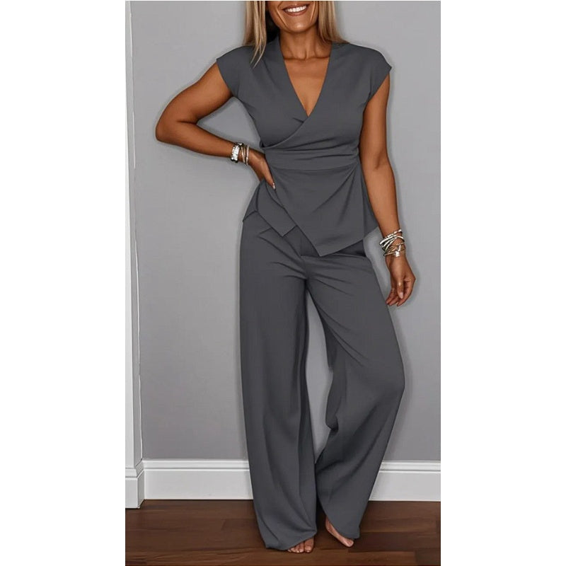 Elegant women's set: V-neck top and pants.