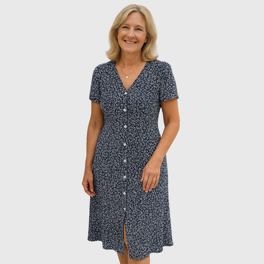 Cavell™ – Button Dress with Feminine V-Neck & Comfort Stretch