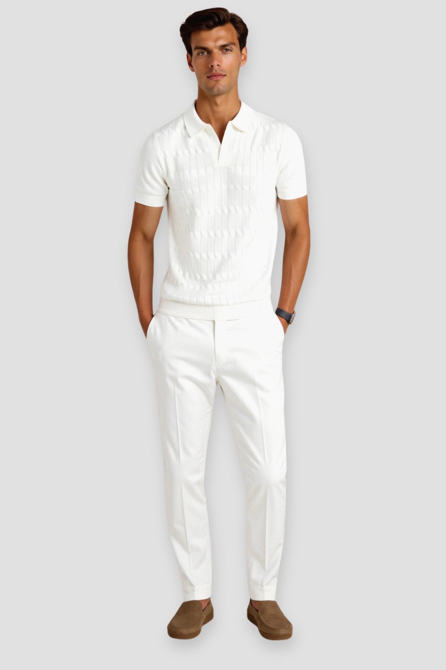 Nuvalli-Premium V-Neck Cable Knit Polo