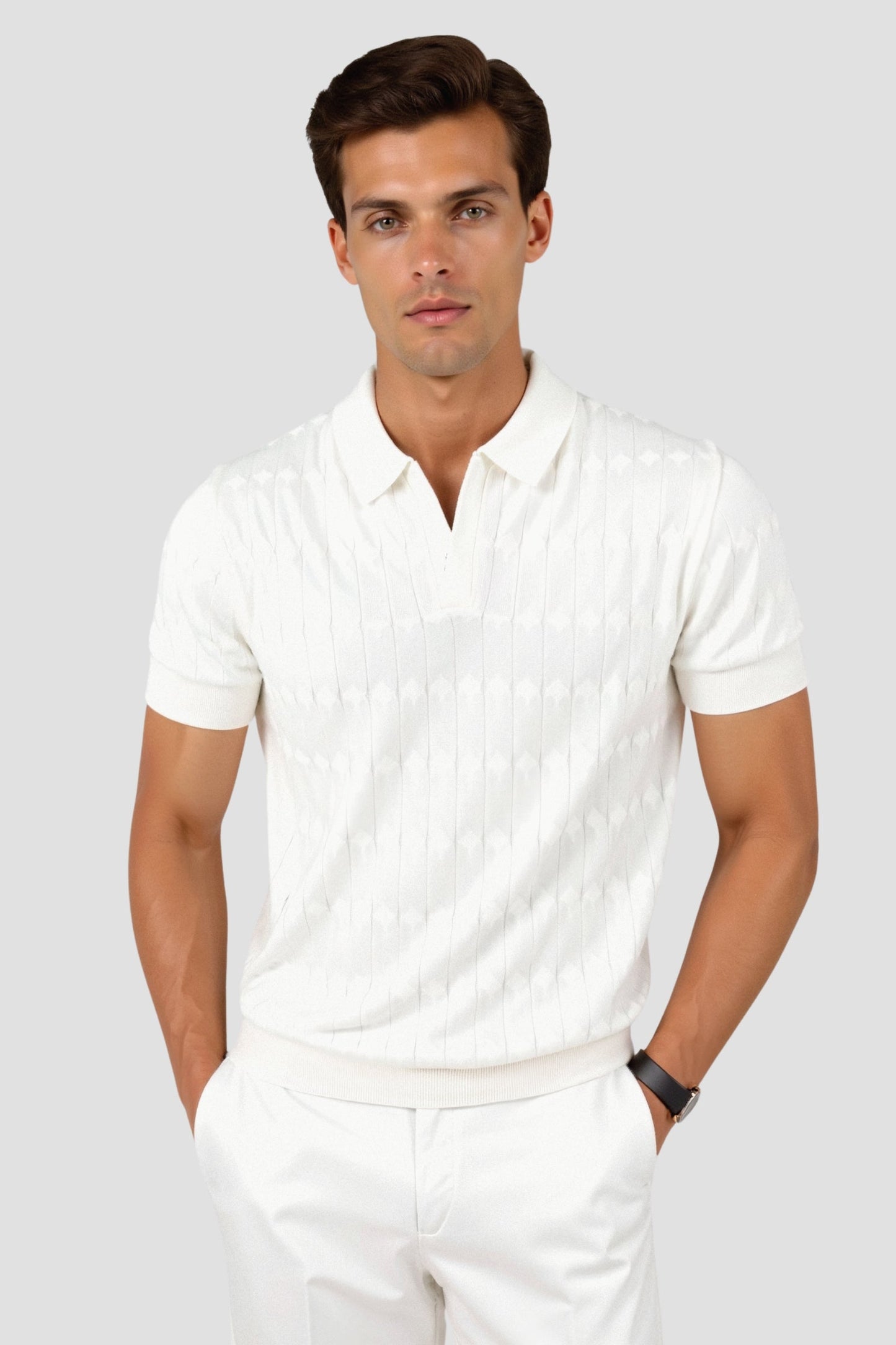 Nuvalli-Premium V-Neck Cable Knit Polo