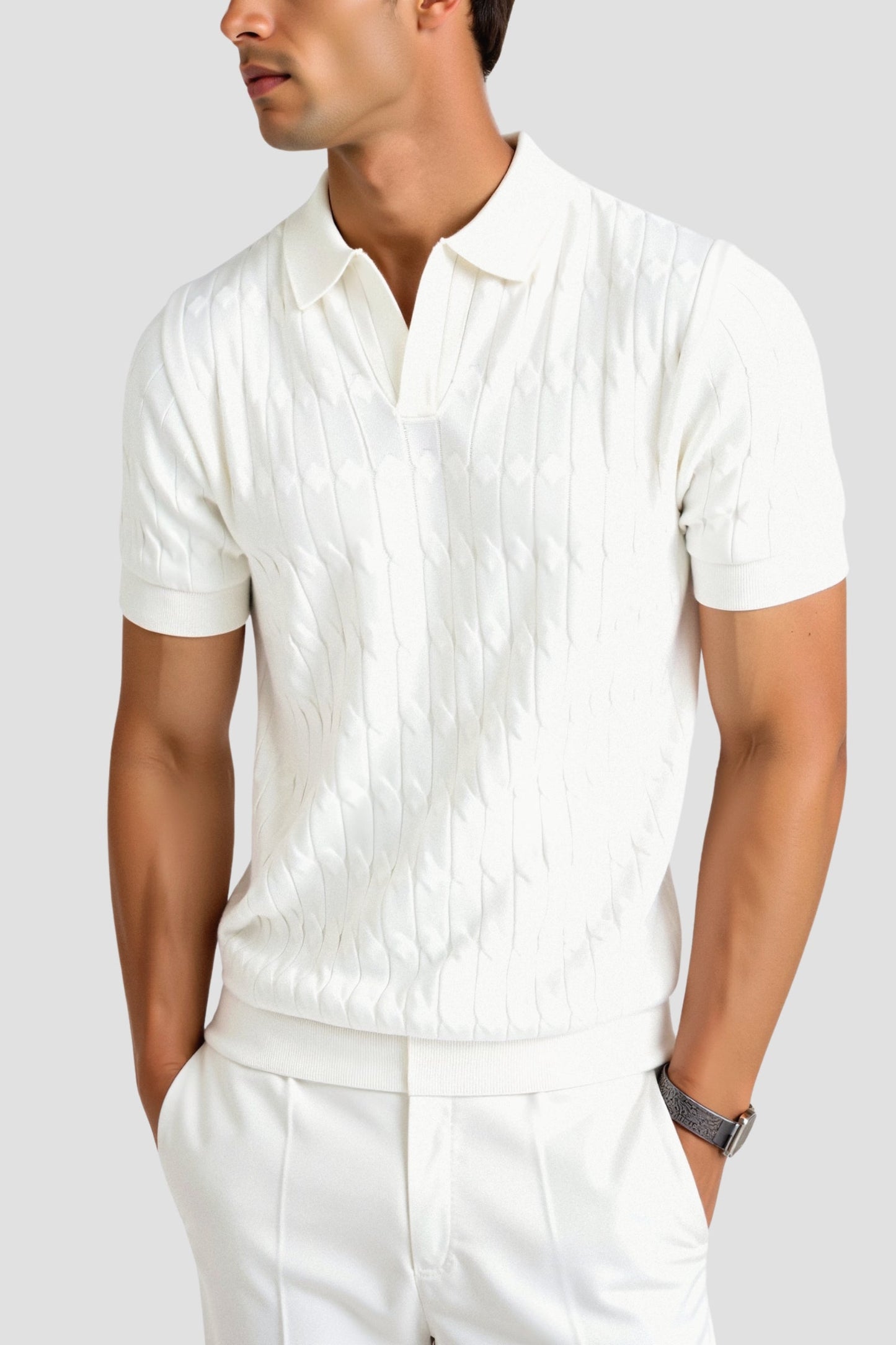 Nuvalli-Premium V-Neck Cable Knit Polo