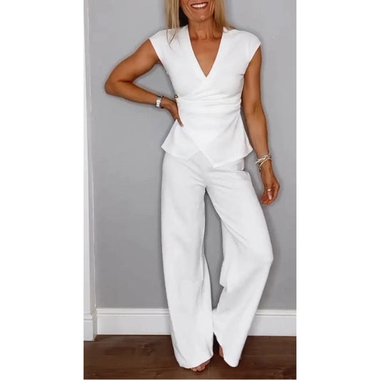 Elegant women's set: V-neck top and pants.