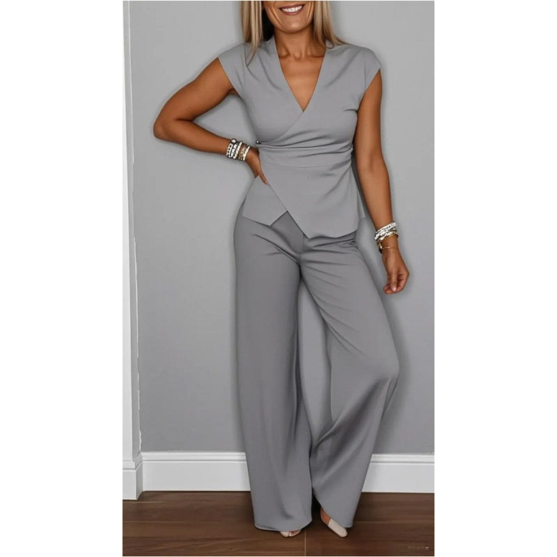 Elegant women's set: V-neck top and pants.