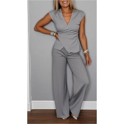 Elegant women's set: V-neck top and pants.