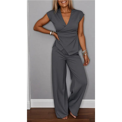 Elegant women's set: V-neck top and pants.